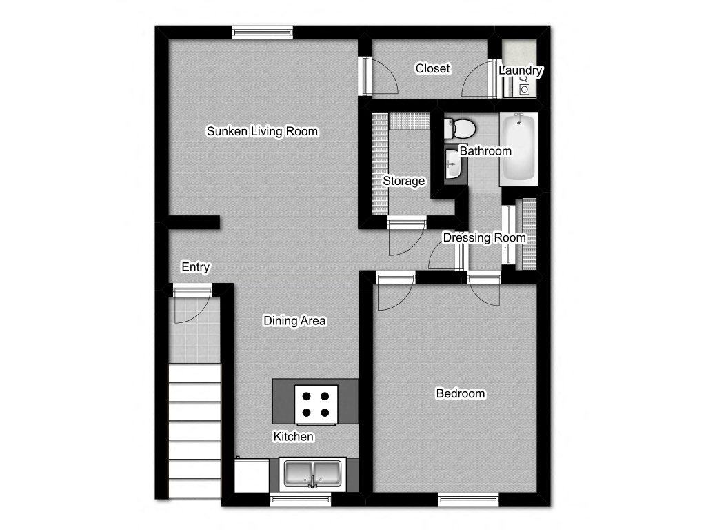 Floor plan for 1 bed, 1 bath, 735 sqft